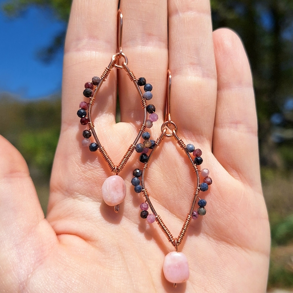 Sapphire & Pink Opal Copper Chandelier Earrings